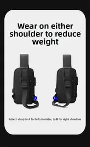 Detail of chest bag with dual-sided strap hooks, USB charging port and anti-theft lock