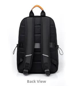 Back view of black backpack featuring breathable mesh padding and reflective safety straps