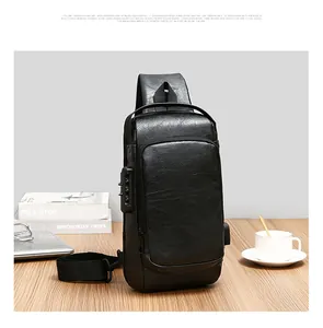 Detail of waterproof crossbody bag featuring anti-theft lock and USB charging port