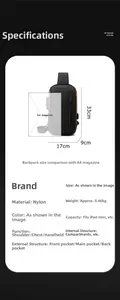 Detailed size specifications of the black nylon chest bag with anti-theft lock feature