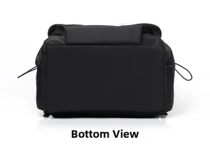 Detailed bottom view showing the wide flat base of the black waterproof nylon backpack