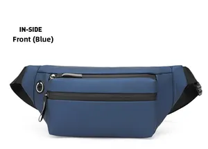 Vue frontale du sac banane de sport bleu avec doubles zips et port pour écouteurs