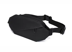 Close-up of minimalist black chest bag showing durable oxford fabric and waterproof zipper