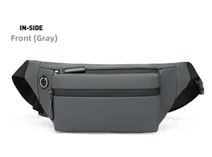 Vue de face du sac banane de sport gris en tissu Oxford avec plusieurs fermetures éclair