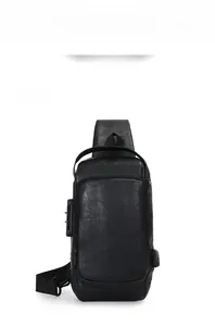 Detail of black leather sling bag with secure 3-digit combination lock and USB charging port