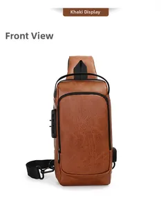 Detail of khaki leather chest bag with security combination lock and USB charging port
