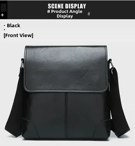 Front view of black waterproof business messenger bag showing textured leather details