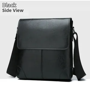 Close-up of black crossbody bag with premium litchi grain texture and adjustable strap