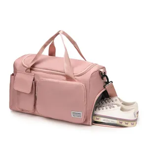 Morandi pink large capacity travel duffel bag with a dedicated side shoe compartment