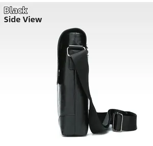Slim black men's crossbody bag side view with adjustable shoulder strap and leather texture