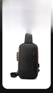 Detail view of anti-theft sling bag with integrated combination lock and USB charging port