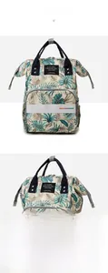 Front and side views of tropical leaf print mommy backpack with waterproof compartments
