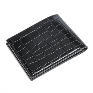 Business style black crocodile embossed leather bifold wallet with glossy finish and stitching