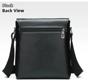Detailed back view of a black vertical messenger bag showing a zipper pocket and wide strap