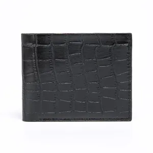Men's black bifold wallet with crocodile leather texture and classic horizontal design