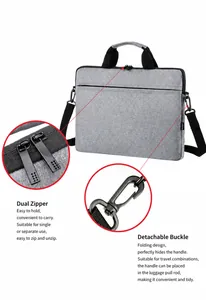 Dettaglio della borsa per laptop con fascia per trolley e ganci metallici girevoli