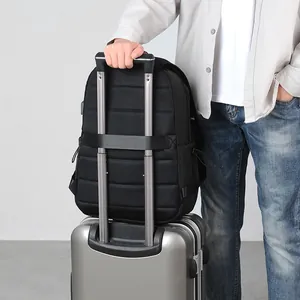 Black travel backpack with luggage strap and breathable mesh back for laptop storage