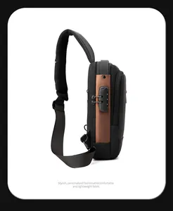 Detail view of anti-theft combination lock and breathable mesh strap on men's chest bag