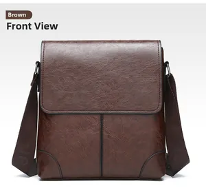 Detailed close-up of brown PU leather shoulder bag with lychee texture and front flap view