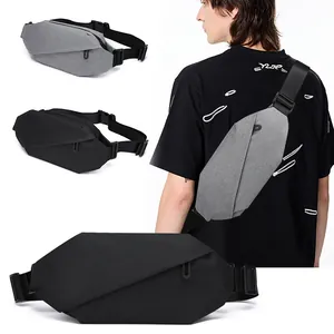 Waterproof geometric crossbody chest bag for men in black and grey matte oxford fabric