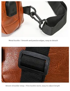 Detail of USB charging port and durable metal hook on brown leather crossbody bag