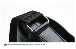 Detailed close-up of reinforced metal buckles and durable straps on black crossbody bag