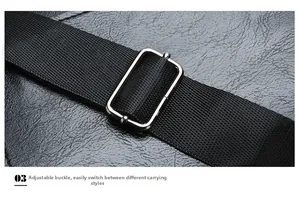 Detail of adjustable nylon shoulder strap with a silver metal buckle on a black crossbody bag