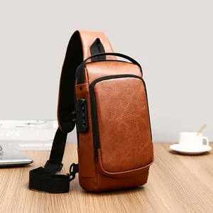 Men Anti Theft Chest Bag With USB Charging Port Large Capacity PU Leather Sling Bag Crossbody Backpack For Business Travel