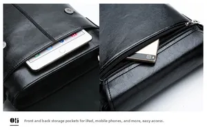 Detail view of black leather crossbody bag showing dual storage for iPad and smartphone