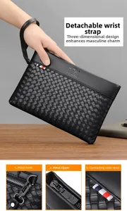 Close-up of men's woven leather clutch featuring metal hardware and tricolor ribbon detail