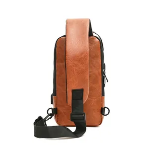 Brown faux leather sling bag for men with USB charging port and adjustable strap