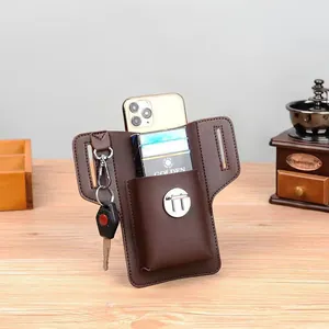Marsupio in pelle marrone con vano per cellulare, porta sigarette e gancio per chiavi