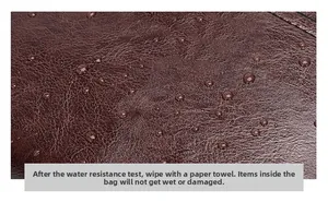 Close-up of waterproof synthetic leather texture with water drops on brown shoulder bag