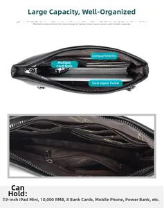 Interior detail of men's leather clutch showing card slots and spacious compartments