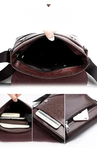 Macro detail of the brown leather shoulder bag interior showing spacious compartments