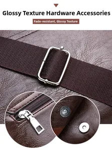 Detail of silver hardware and litchi grain dark brown leather on men's shoulder bag