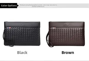 Detail view of woven leather men's clutches in black and brown with sleek wrist straps