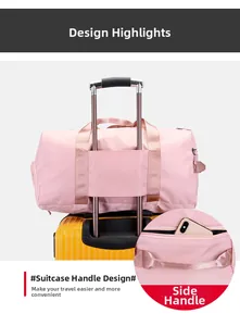 Pink travel bag detail featuring luggage handle sleeve and side phone pocket for easy travel