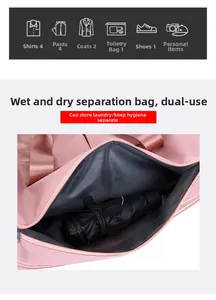 Detail of pink gym bag showing waterproof wet compartment for umbrellas and gear