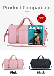 Waterproof fitness bag in pink and black compared with an A4 magazine size