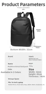 Detailed specs of a 500g waterproof 14-inch laptop backpack with 43x32x14cm dimensions