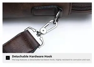 Close-up of durable silver metal swivel hook on a premium brown leather bag strap