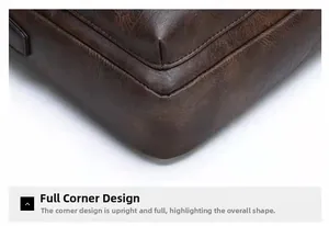 Close-up of reinforced full corners and double stitching on dark brown leather bag