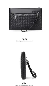 Detail view of black woven pattern leather clutch featuring back zipper and wrist strap