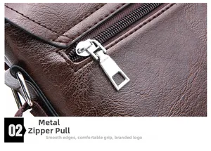 Detail of premium lychee texture leather and smooth silver metal zipper on men's shoulder bag