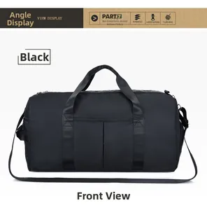 Front view of black sports duffel bag with dual pockets and reinforced straps