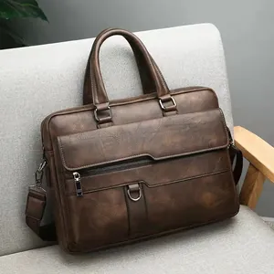 Men's vintage dark brown business briefcase in textured leather with shoulder strap