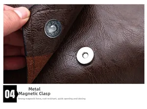 Detail of premium brown pebble leather crossbody bag with silver magnetic snaps