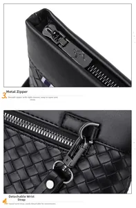 Close-up of black woven leather texture with gunmetal zipper and kangaroo logo detail