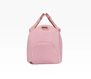 Detailed side view of light pink waterproof travel bag with zipper pocket and metal D-rings